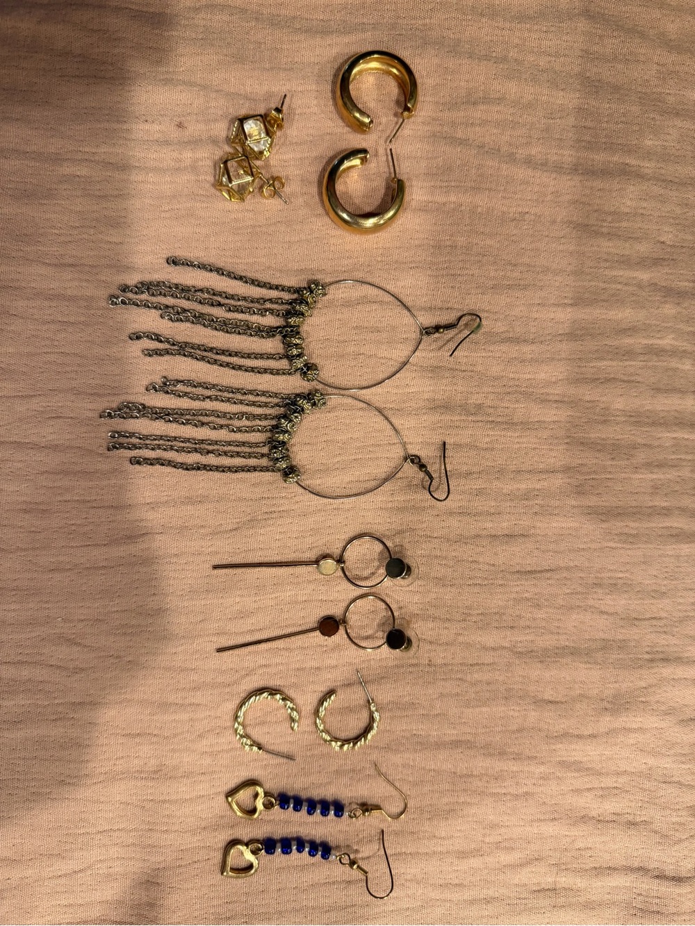 Mixed Gold-Tone Earrings Set - Blue Beads & Fringe 6 Pairs